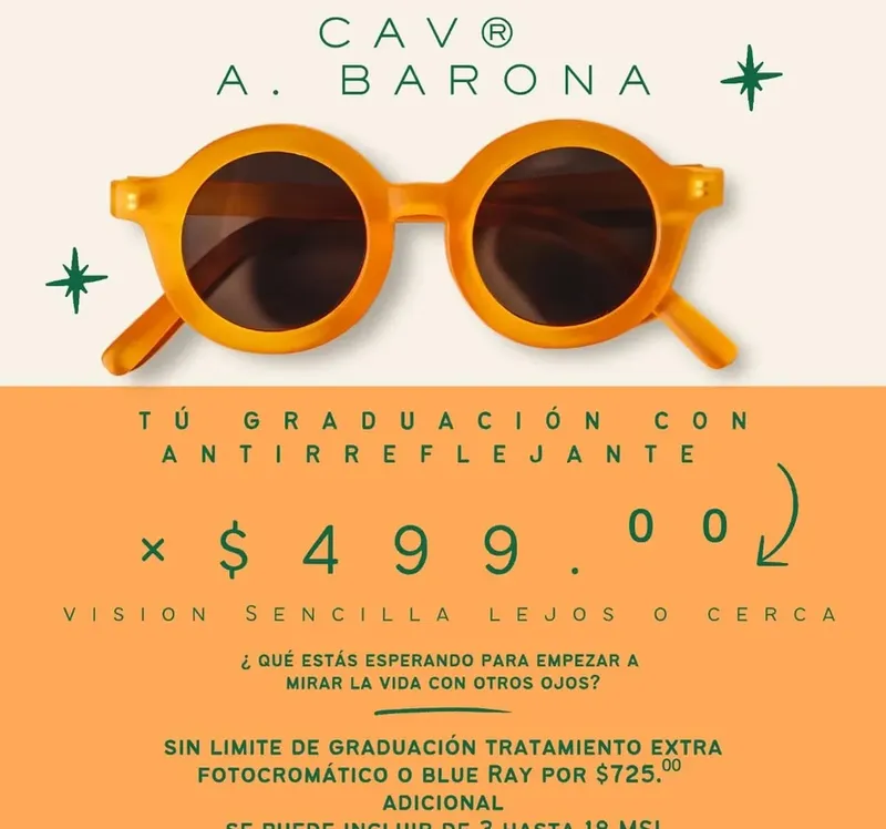 Anuncio de la óptica: graduación con antirreflejante por $499, visión sencilla lejos o cerca